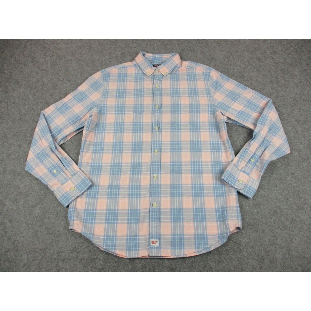Vineyard Vines Shirt Mens Small Blue Pink Plaid Slim Fit Murray Button Up Whale